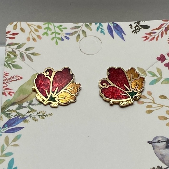 Cloisonné Earrings Flower Gold Tone Red Yellow Vintage - Picture 2 of 11